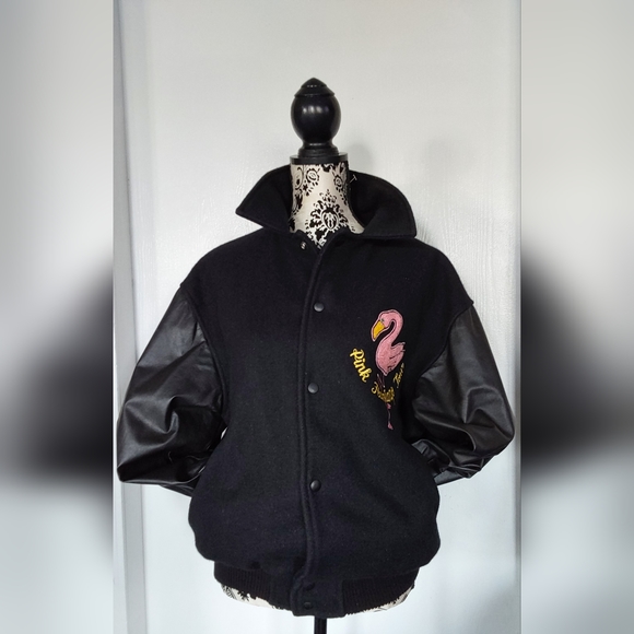 VINTAGE 1990 PINK FLAMINGO LEATHER BOMBER JACKET S - Picture 2 of 10